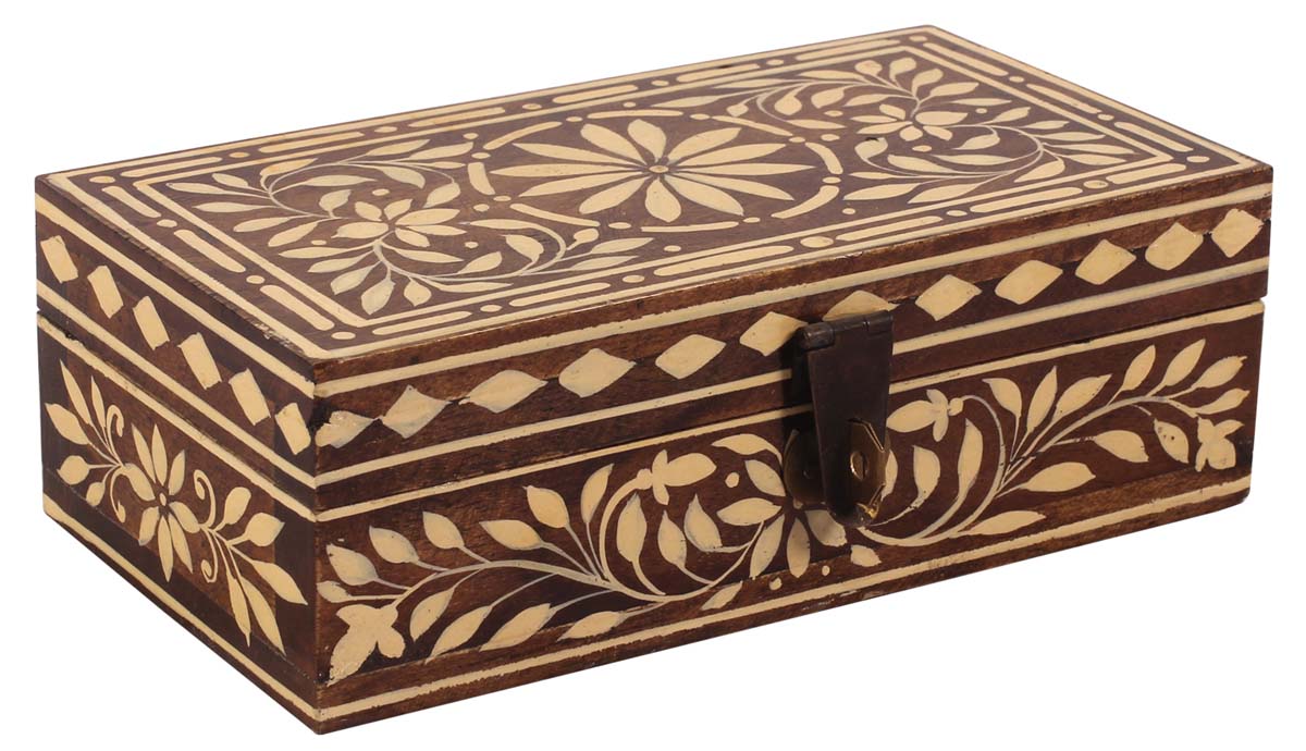 5.5” Hand-Crafted Jewelry-Box with Floral Motifs - Cone-Painted - Unique Keepsake Boxes / Gifts for Her - Buy in Bulk Wholesale