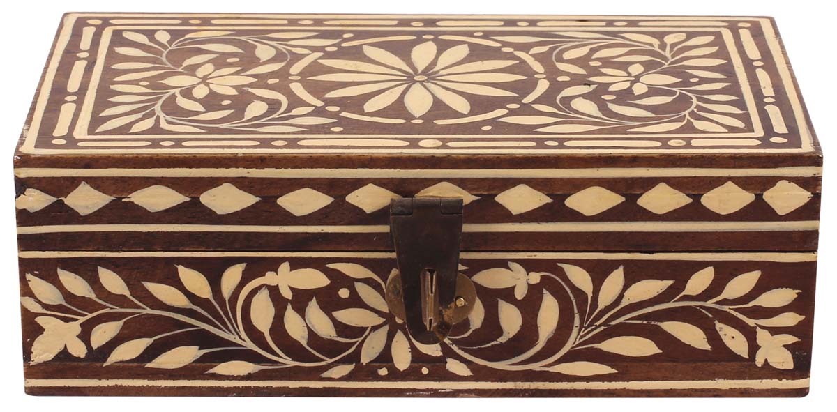 5.5” Hand-Crafted Jewelry-Box with Floral Motifs - Cone-Painted - Unique Keepsake Boxes / Gifts for Her - Buy in Bulk Wholesale