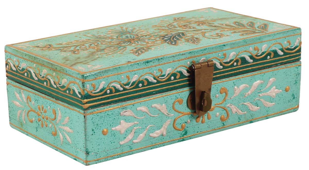 6” Jewelry-Box in Mango-Wood with Cone-Painting Art in Traditional Motifs - Pastel-Green & Golden - Antique-Look Keepsake Box from India - Buy in Bulk Wholesale