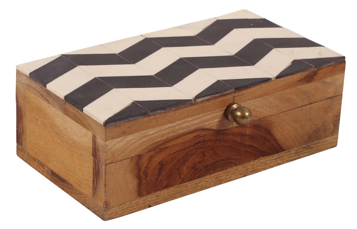 6” Jewelry-Box in Natural-Bone & Wood - Black & White Chevron - Antique-Look Keepsake Box from India - Buy in Bulk Wholesale