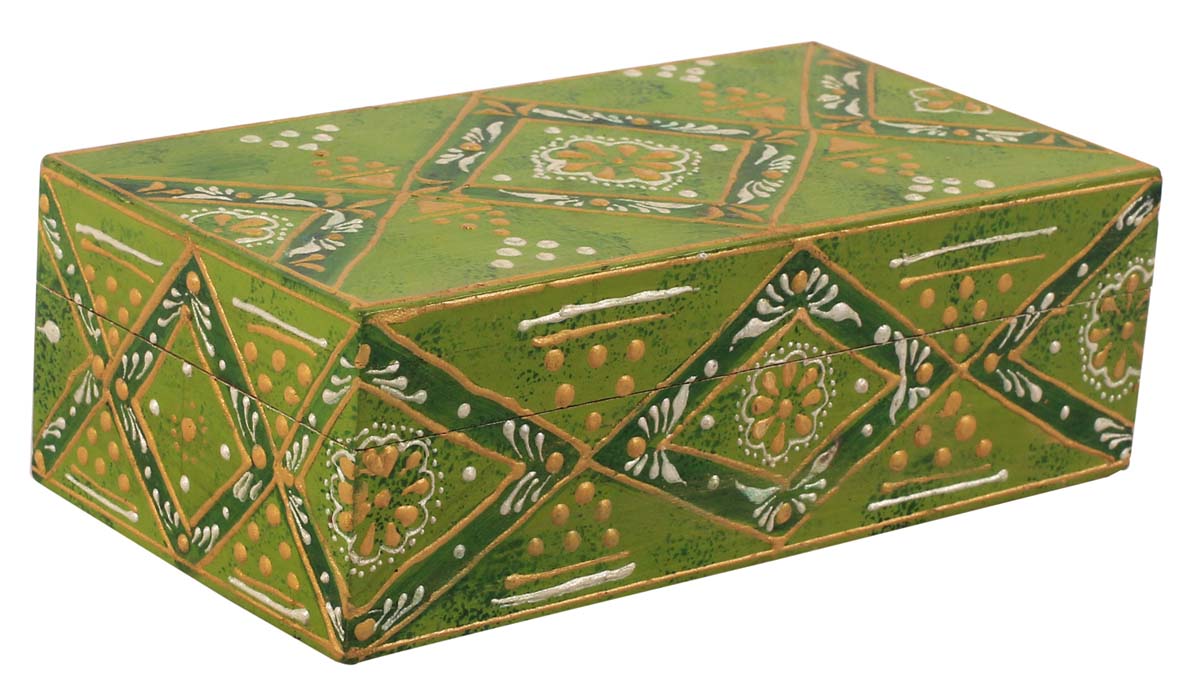 6” Jewelry-Box in Wood with Cone-Painting Art - Green with Golden Motifs - Antique-Look Keepsake Box from India - Buy in Bulk Wholesale
