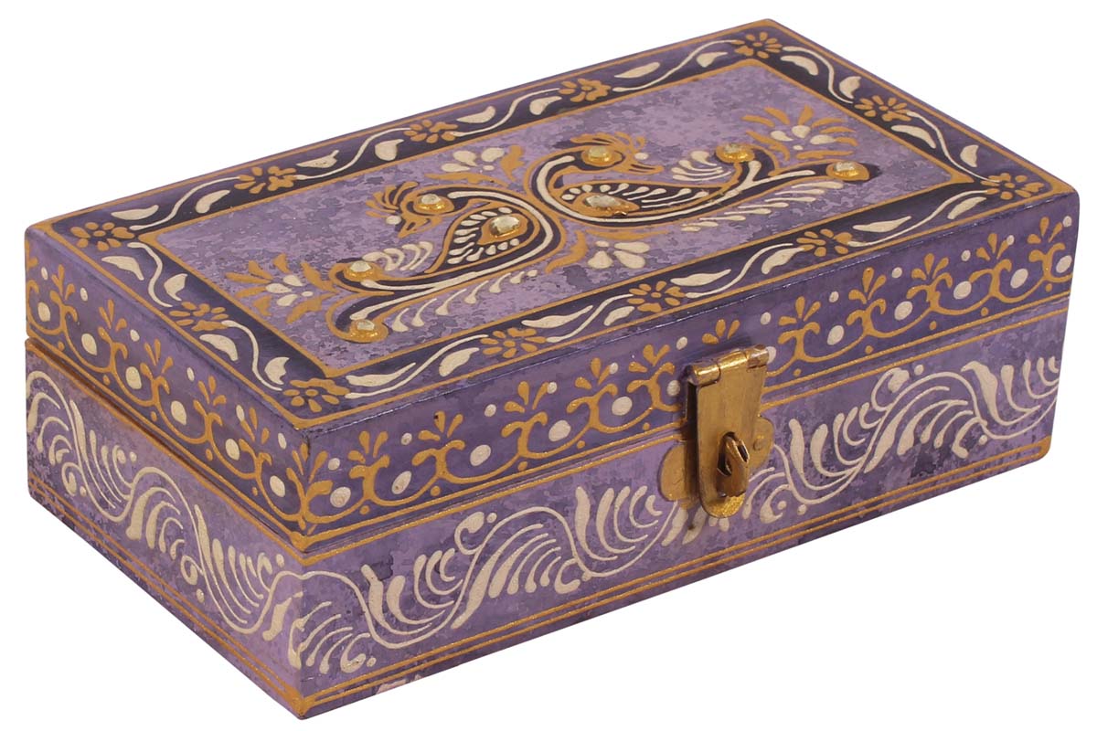 6” Jewelry-Box in Wood with Cone-Painting Art - Purple with Golden & White Motifs - Antique-Look Keepsake Box from India - Buy in Bulk Wholesale