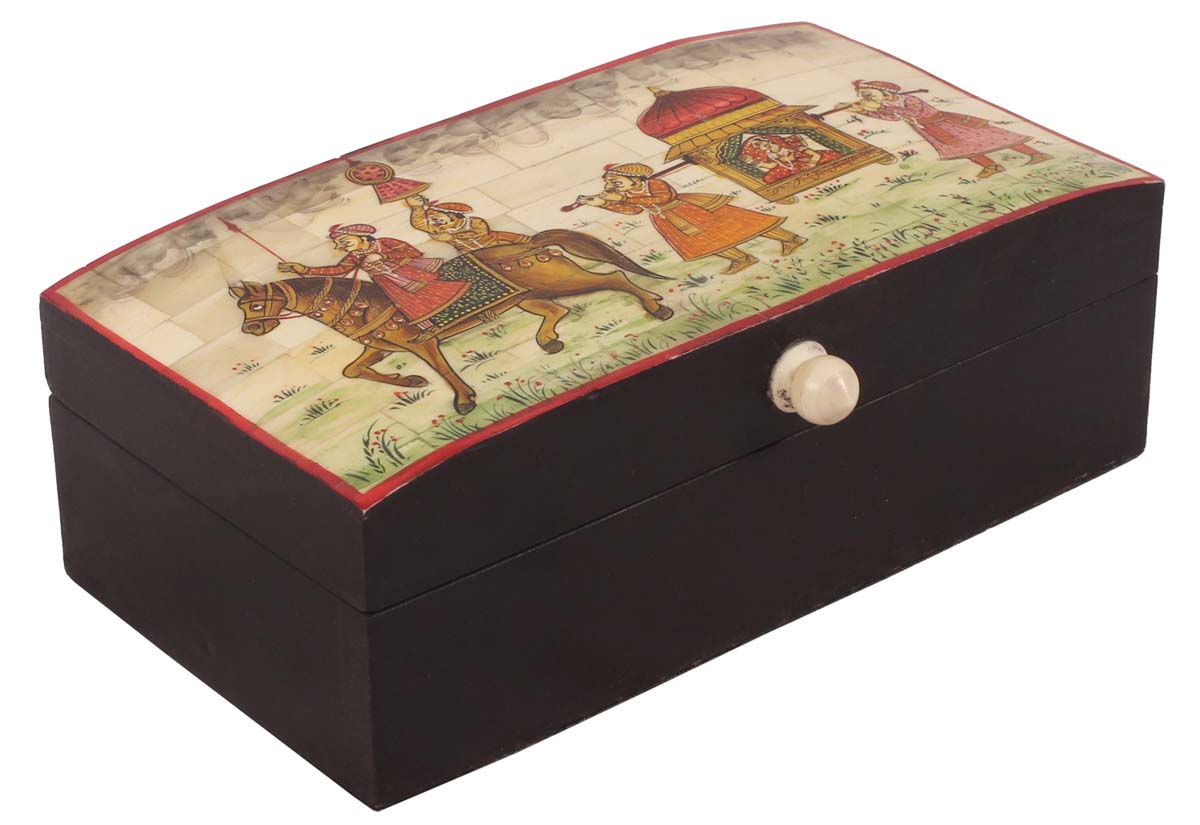 9” Jewelry-Box in Natural-Bone & Wood - Multicolored with Royal Horse & Queen Painting - Antique-Look Keepsake Box from India - Buy in Bulk Wholesale