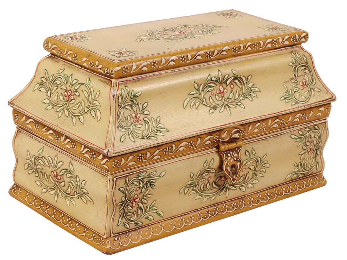 10” Regal Jewelry-Box in Wood with Cone-Painting Art in Floral Motifs - Cream Color - Antique-Look Keepsake Box from India - Buy in Bulk Wholesale