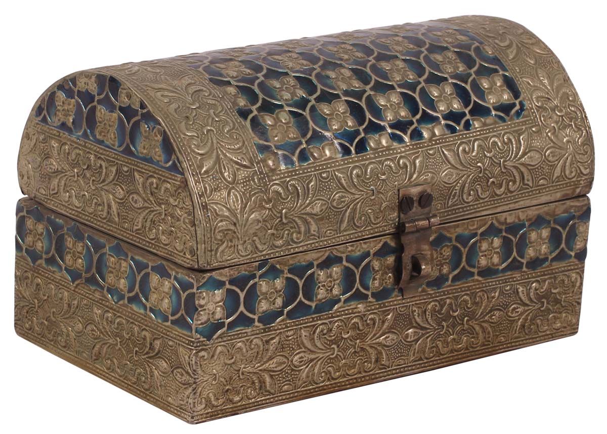 6” Regal Jewelry-Box in Wood with Metal-Work - Antique Silver & Blue Color - Keepsake Boxes / Gifts from India - Buy in Bulk Wholesale