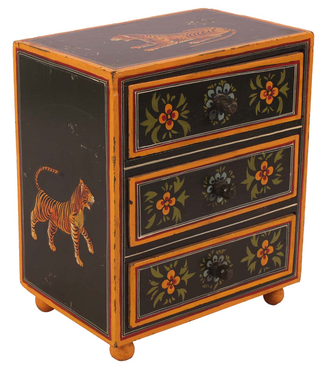 9” Tiger 3 Drawer Chest / Jewelry-Box in Wood with Hand-Painted Motifs - Black Orange - Keepsake Boxes / Gifts from India - Buy in Bulk Wholesale
