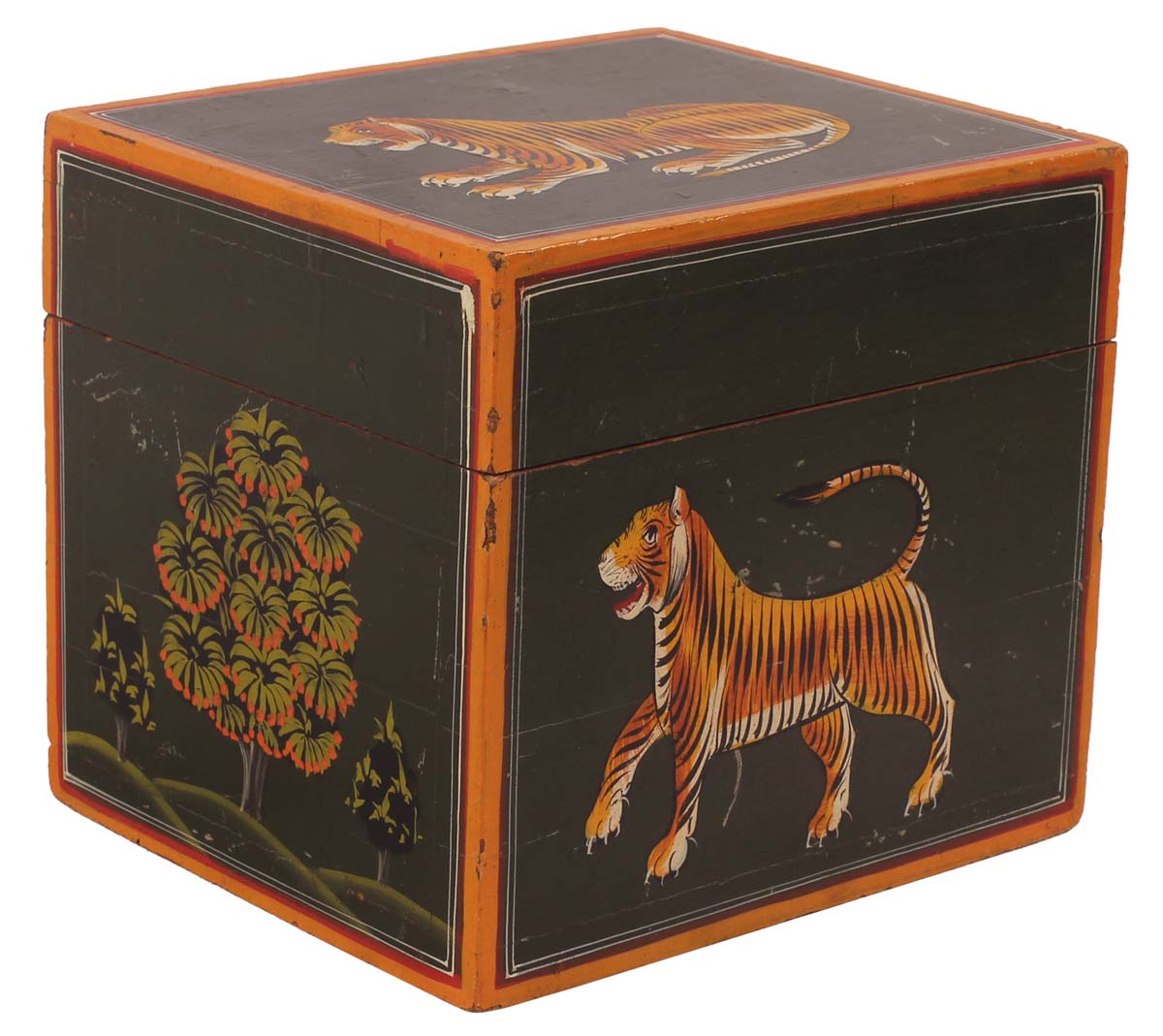 5.5” Tiger Chest / Jewelry-Box in Wood with Hand-Painted Motifs - Black Orange - Keepsake Boxes / Gifts from India - Buy in Bulk Wholesale
