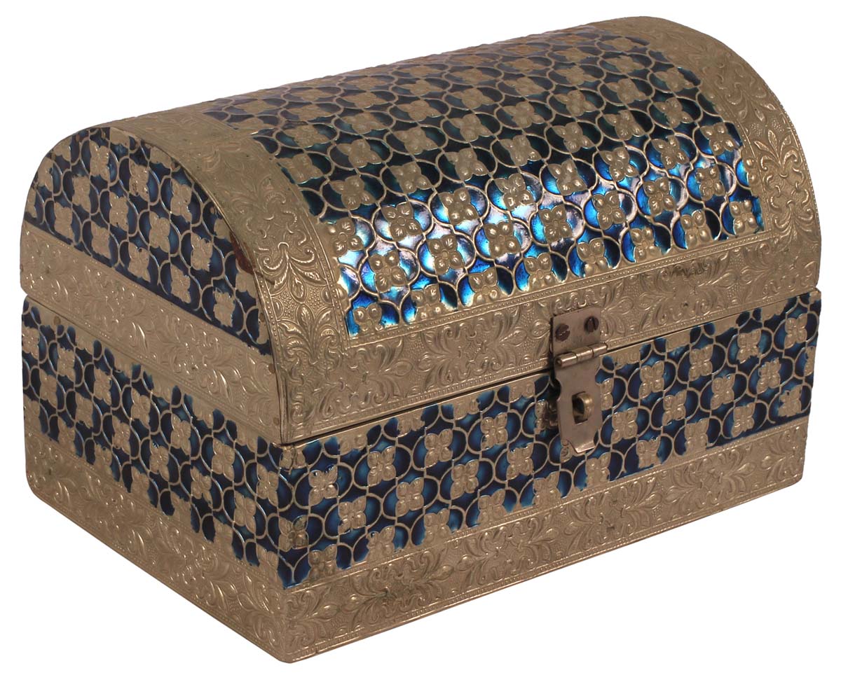 8.5” Regal Jewelry-Box in Wood with Metal-Work - Antique Silver & Blue Color - Keepsake Boxes / Gifts from India - Buy in Bulk Wholesale