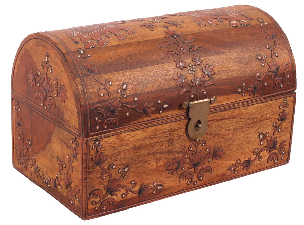 10” Treasure Chest / Jewelry-Box in Wood with Elephant Motifs - Brown - Ethnic-Look Keepsake Boxes / Gifts from India - Buy in Bulk Wholesale