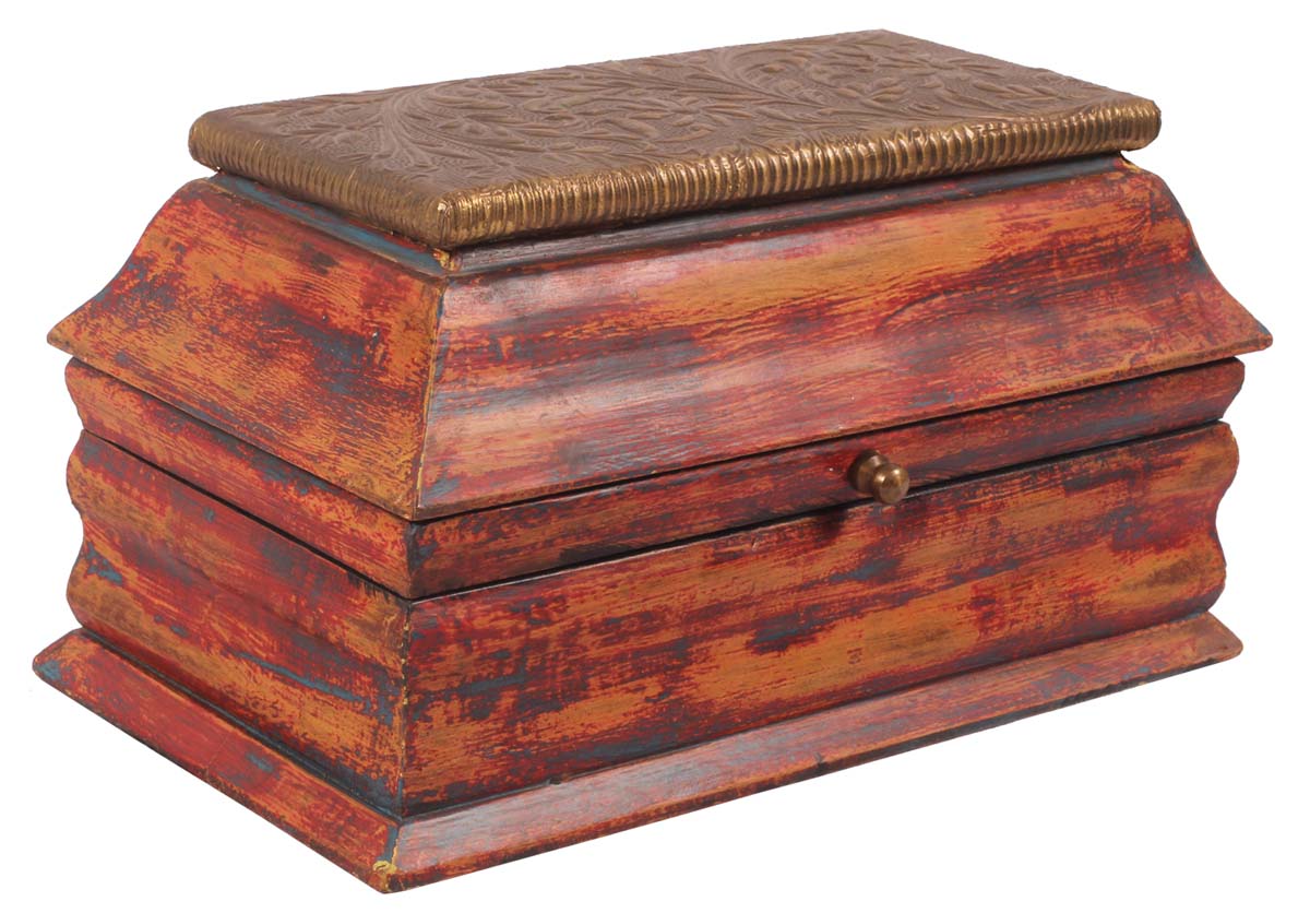 10” Treasure Chest / Jewelry-Box in Wood with Embossed Brass-Work - Brown Golden - Ethnic-Look Keepsake Boxes / Gifts from India - Buy in Bulk Wholesale