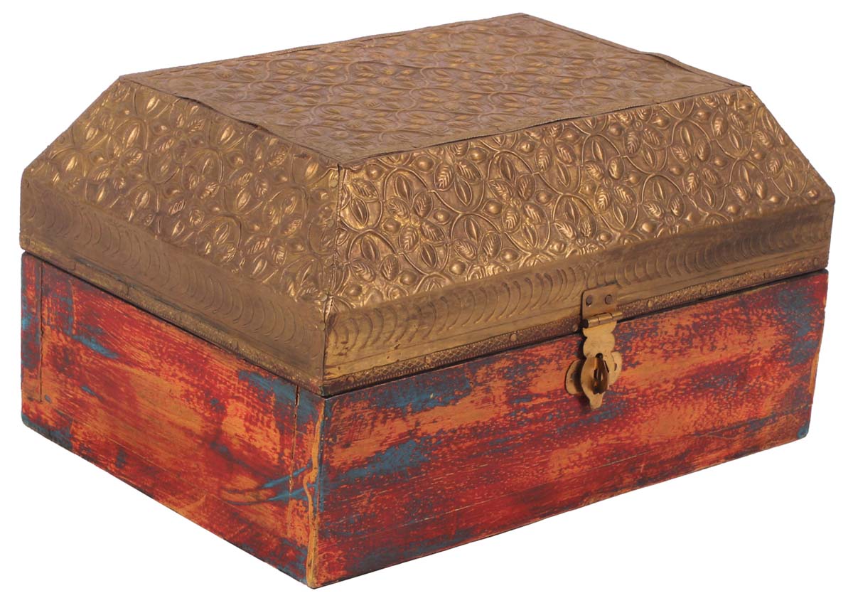 8” Treasure Chest / Jewelry-Box in Wood with Embossed Brass-Work - Brown Golden - Ethnic-Look Keepsake Boxes / Gifts from India - Buy in Bulk Wholesale