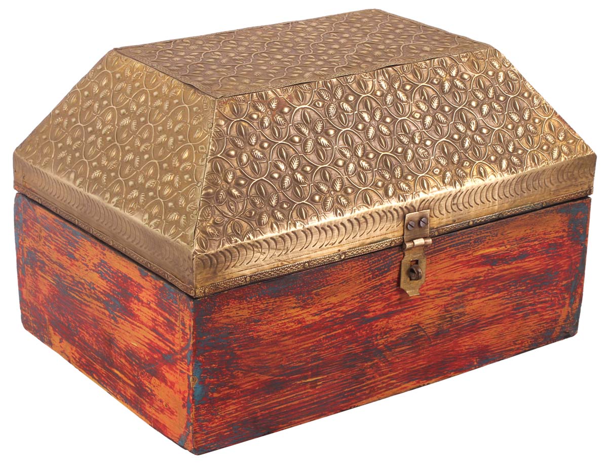 10” Treasure Chest / Jewelry-Box in Wood with Embossed Brass-Work - Brown Golden - Ethnic-Look Keepsake Boxes / Gifts from India - Buy in Bulk Wholesale