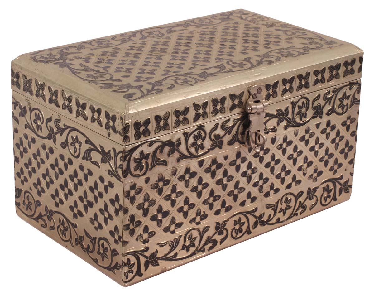 11” Treasure Chest / Jewelry-Box in Wood with Metal-Work & Meenakari-Art - Silver Black Tone - Ethnic-Look Keepsake Boxes / Gifts from India - Buy in Bulk Wholesale
