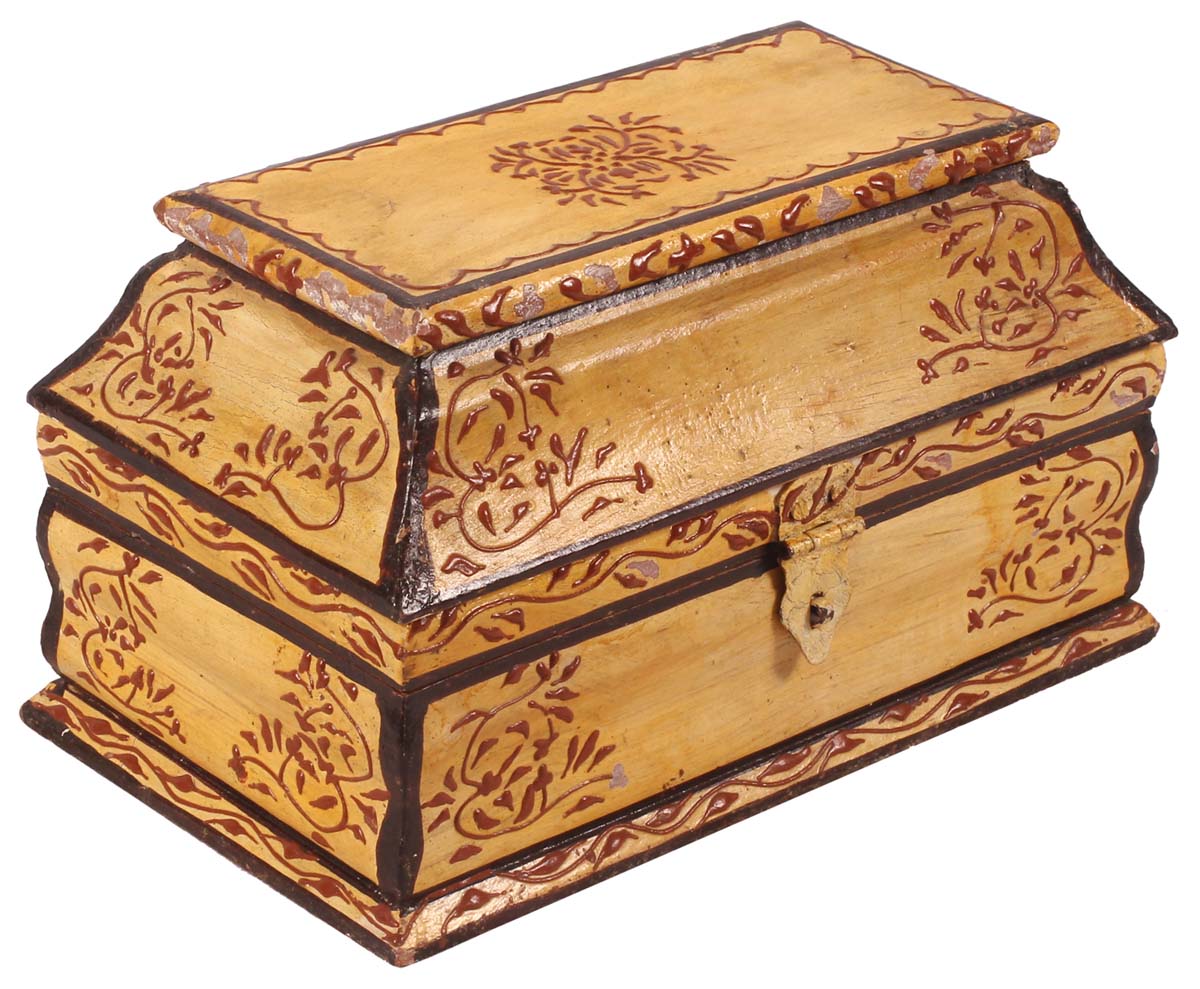 10” Treasure Chest / Jewelry-Box in Wood with Cone-Painting Floral Art - Yellow Red - Ethnic-Look Keepsake Boxes / Gifts from India - Buy in Bulk Wholesale
