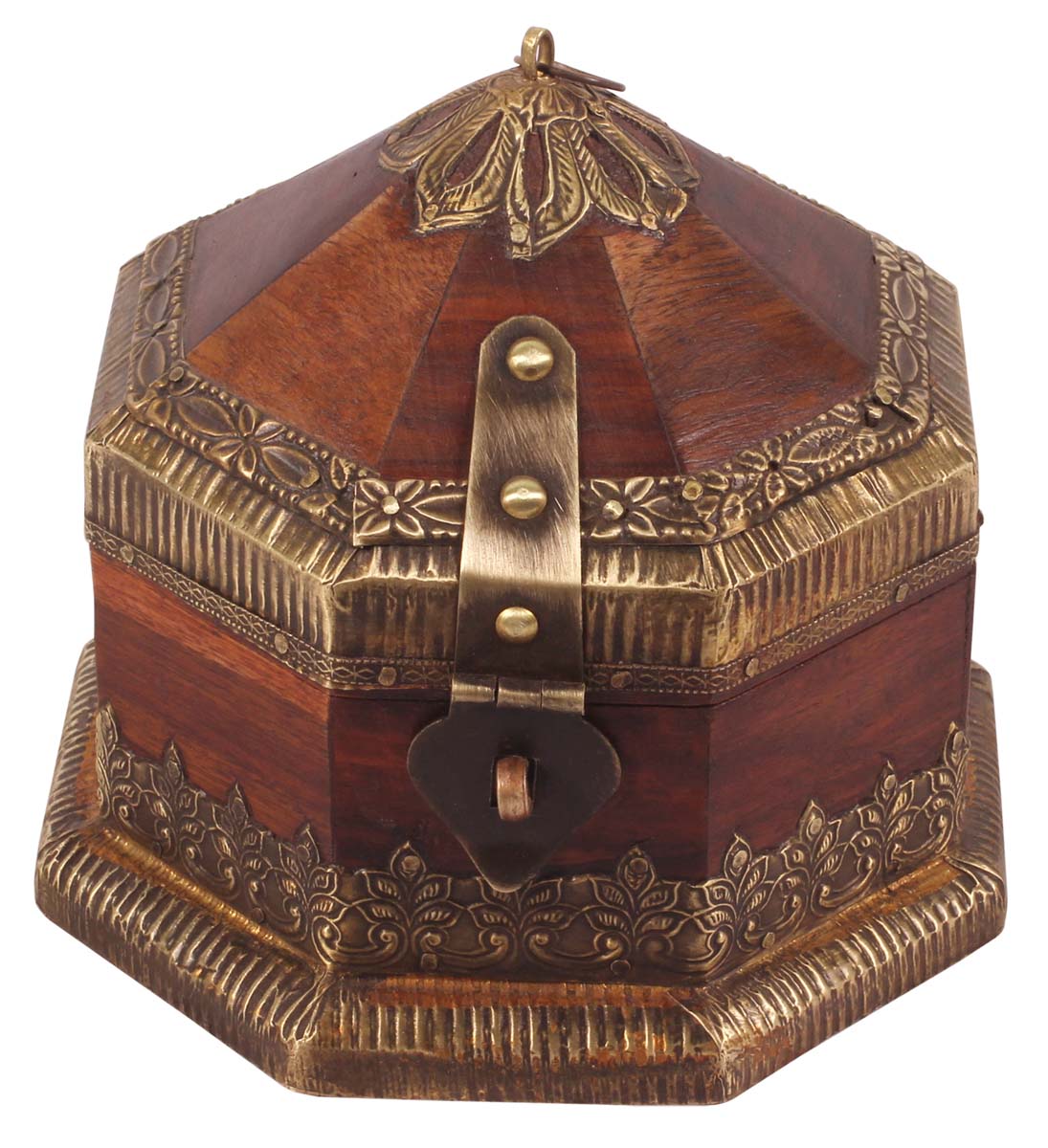 5.5” Hexagonal Treasure Chest / Jewelry-Box in Wood with Metal-Work- Brown Golden - Antique-Look Keepsake Boxes / Gifts from India - Buy in Bulk Wholesale