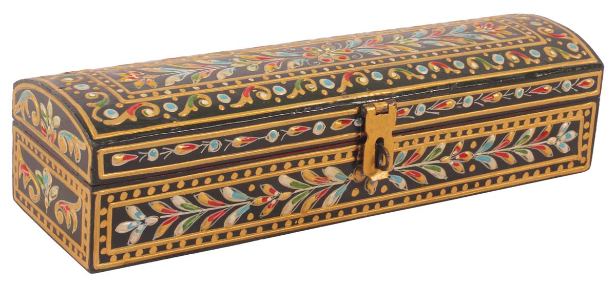 10” Rectangular Treasure Chest / Jewelry-Box in Wood with Cone-Painting Art - Multicolored - Antique-Look Keepsake Boxes / Gifts from India - Buy in Bulk Wholesale