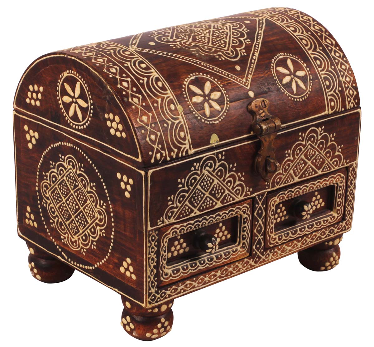 8” 3 Chest Jewelry-Box in Wood with Cone-Painting Art - Brown - Antique-Look Keepsake Boxes / Gifts from India - Buy in Bulk Wholesale
