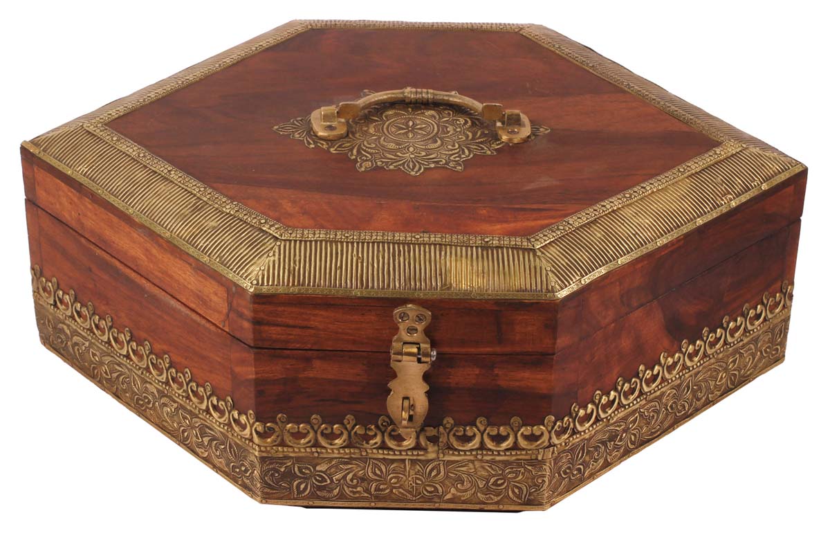 17” Hexagonal Jewelry Box in Natural-Wood with Brass-Work & Handle - Brown Golden - Keepsake Box with 6 Compartments - Antique-Look Gifts for Her - Buy in Bulk Wholesale