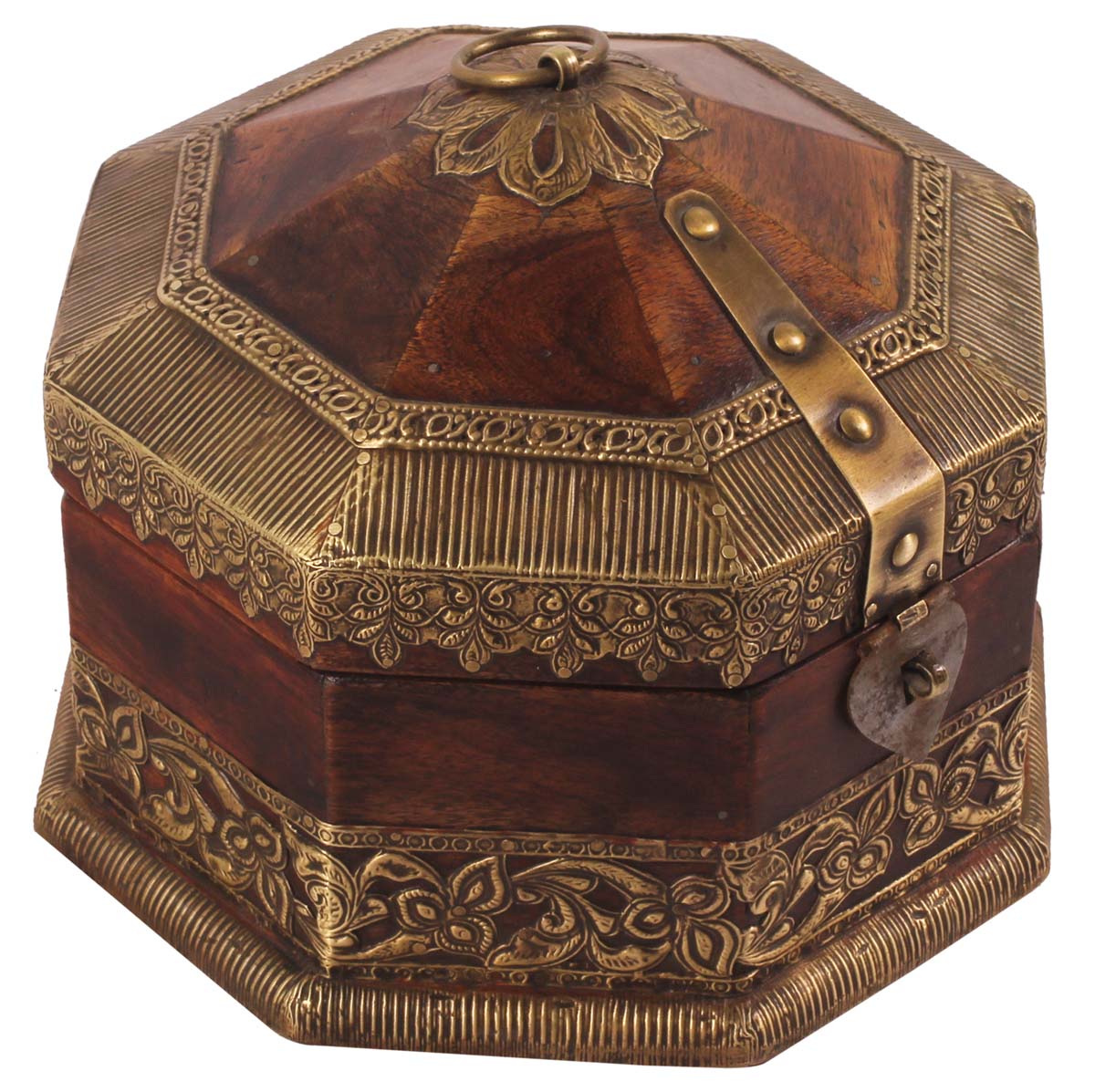 8” Hexagonal Jewelry Box in Wood with Brass-Work - Brown Golden - Antique-Look Keepsake Boxes / Gifts for Her - Buy in Bulk Wholesale