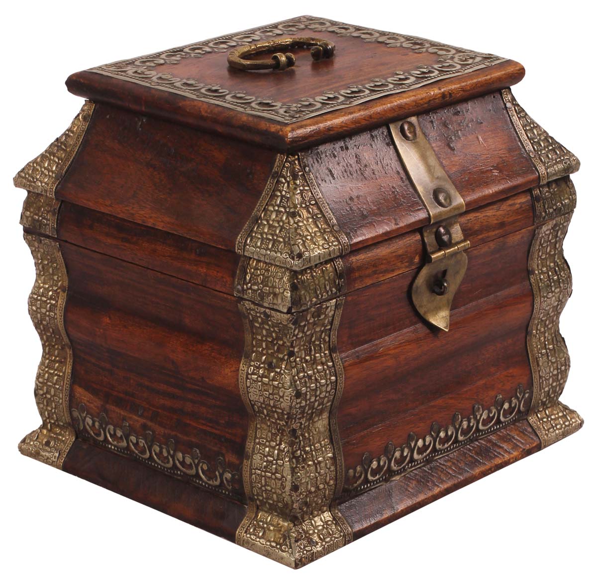 7” Jewelry Box in Mango-Wood with Metal-Work - Brown & Silver Color - Antique-Look Keepsake Boxes / Gifts for Her - Buy in Bulk Wholesale