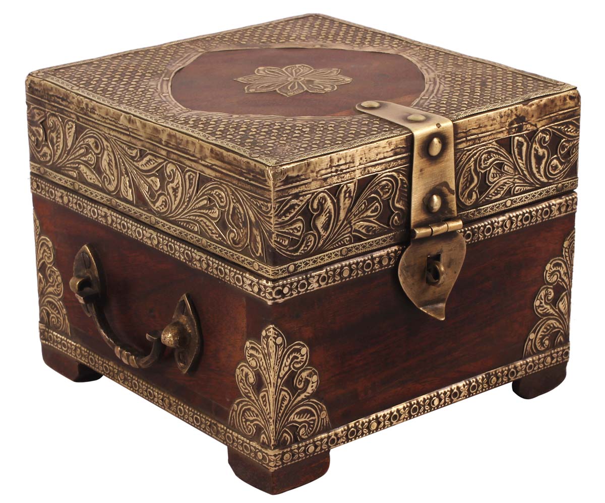 5.5” Jewelry Box in Wood with Heavy Brass-Work & Handles - Brown & Golden - Antique-Look Keepsake Boxes / Gifts for Her - Buy in Bulk Wholesale