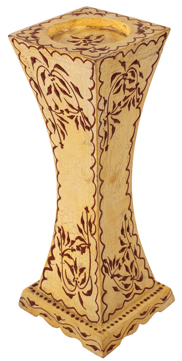 15” Candle-Stand in Wood with Hand-Painted Floral Motifs - Lemon-Yellow Maroon - Ethnic-Look Tea-Light Stands / Home Decor / Gifts - Buy in Bulk Wholesale