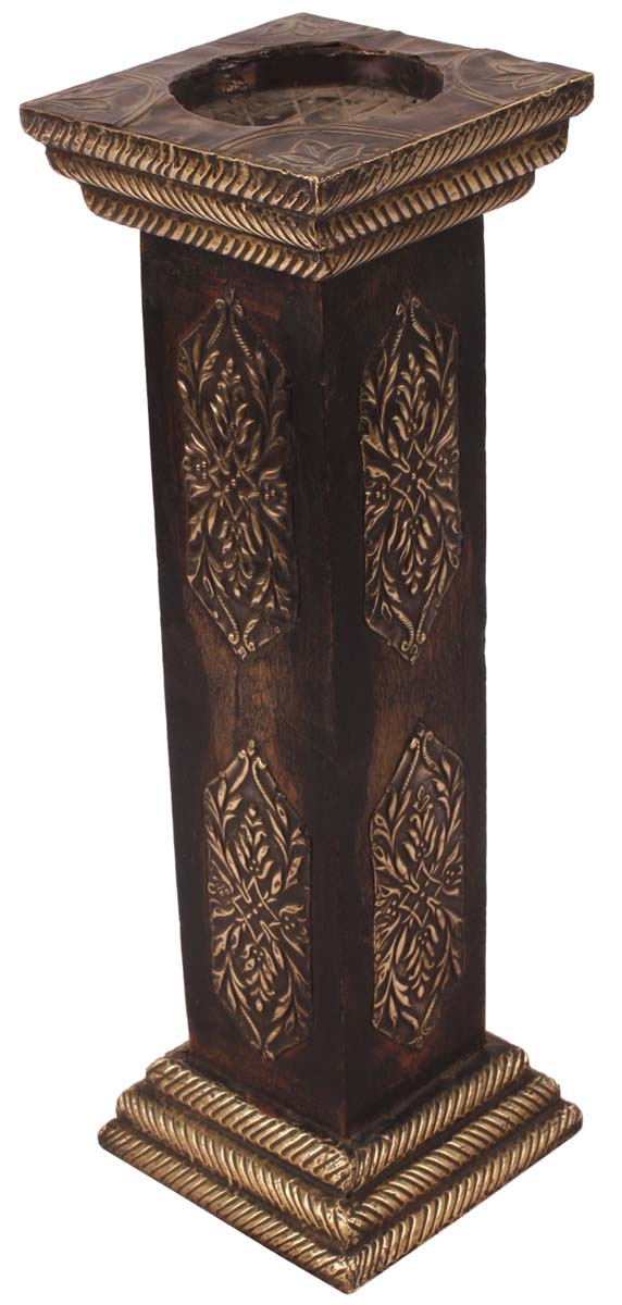 15” Pillar Candle-Stand in Wood with Antique-Look Brass-Work - Brown Dull-Golden - Home Decor / Gifts - Buy in Bulk Wholesale
