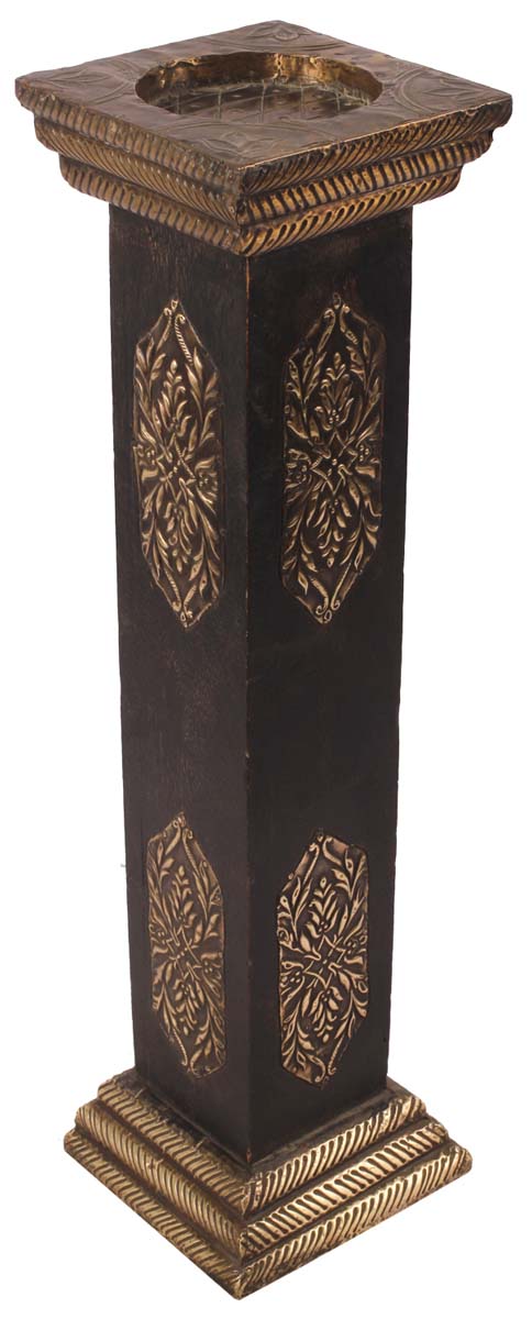 18” Pillar Candle-Stand in Wood with Antique-Look Brass-Work - Brown Dull-Golden - Home Decor / Gifts - Buy in Bulk Wholesale