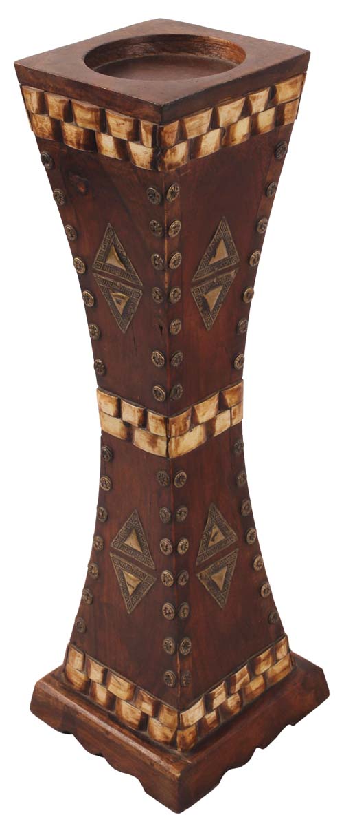 18” Pillar Candle-Stand in Wood with Antique-Look Brass & Bone Work - Brown - Home Decor / Gifts - Buy in Bulk Wholesale