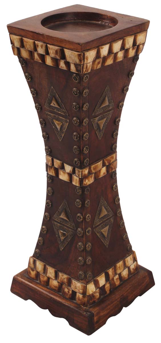 15” Pillar Candle-Stand in Wood with Antique-Look Brass & Bone Work - Brown - Home Decor / Gifts - Buy in Bulk Wholesale