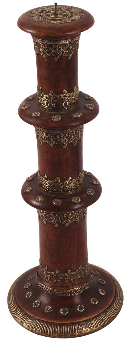 15” Pedestal Candle-Stand in Wood with Antique-Look Brass-Work - Brown Dull-Golden - Home Decor / Gifts - Buy in Bulk Wholesale