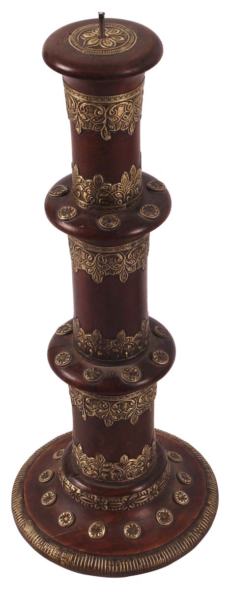 12” Pedestal Candle-Stand in Wood with Antique-Look Brass-Work - Brown Dull-Golden - Home Decor / Gifts - Buy in Bulk Wholesale