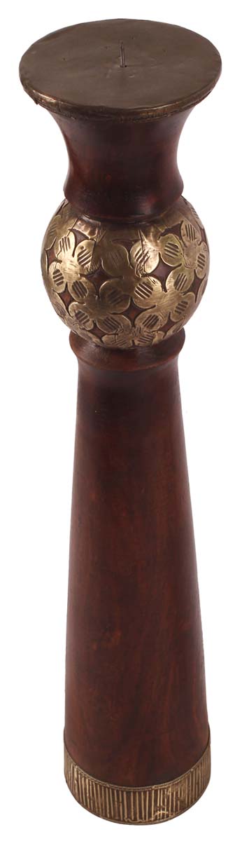 21” Pillar Candle-Stand in Wood with Antique-Look Brass-Work - Brown Dull-Golden - Home Decor / Gifts - Buy in Bulk Wholesale