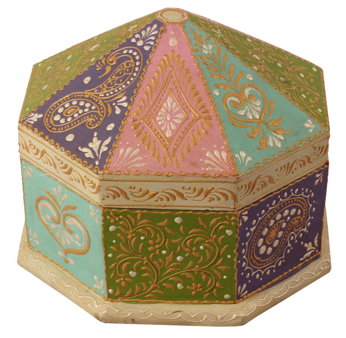 8” Octagonal Jewelry-Box in Natural-Wood with Old Cone-Painting Art - Multicolored - Ethnic-Look Storage Boxes from India - Buy in Bulk Wholesale