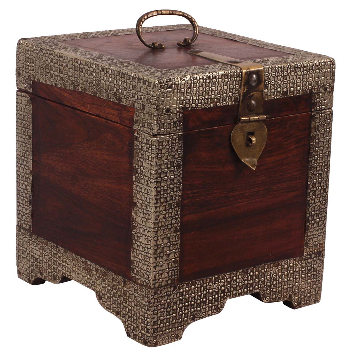6” Square Jewelry-Box in Wood with Heavy Metal-Work & Handle - Brown Antique-Silver Color - Unique Storage Boxes from India - Buy in Bulk Wholesale