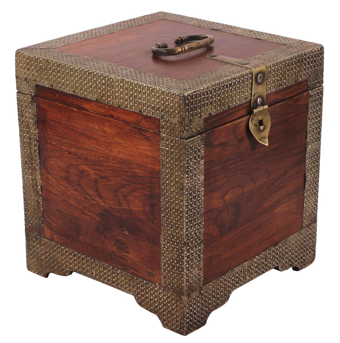 8” Square Jewelry-Box in Natural-Wood with Heavy Metal-Work & Handle - Brown Antique-Silver Color - Unique Storage Boxes from India - Buy in Bulk Wholesale