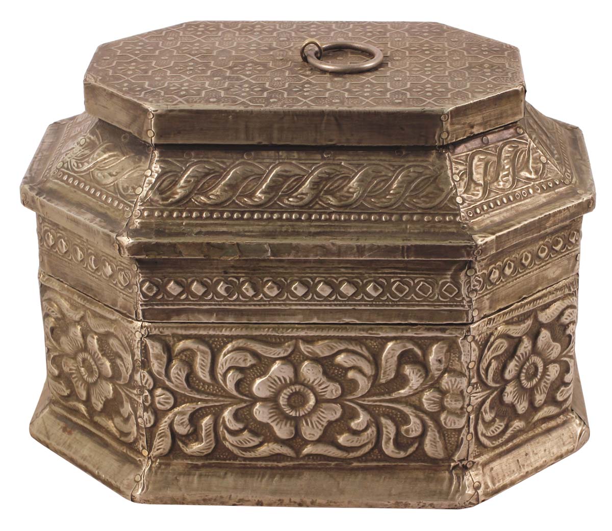6” Octagonal Jewelry-Box in Wood with Embossed Heavy Metal-Work & Handle - Dull-Golden Color - Unique Storage Boxes from India - Buy in Bulk Wholesale