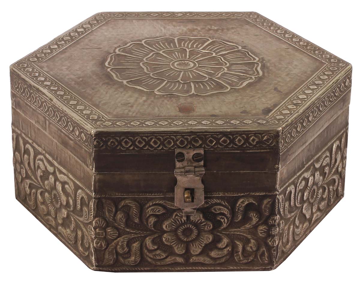 7” Hexagonal Jewelry-Box with Mirror in Wood with Embossed Heavy Metal-Work - Dull-Golden Color - Unique Storage Boxes from India - Buy in Bulk Wholesale