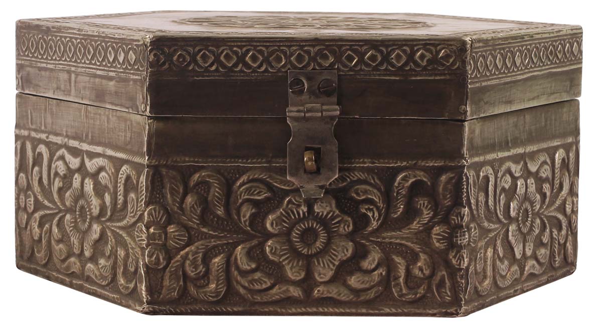 7” Hexagonal Jewelry-Box with Mirror in Wood with Embossed Heavy Metal-Work - Dull-Golden Color - Unique Storage Boxes from India - Buy in Bulk Wholesale