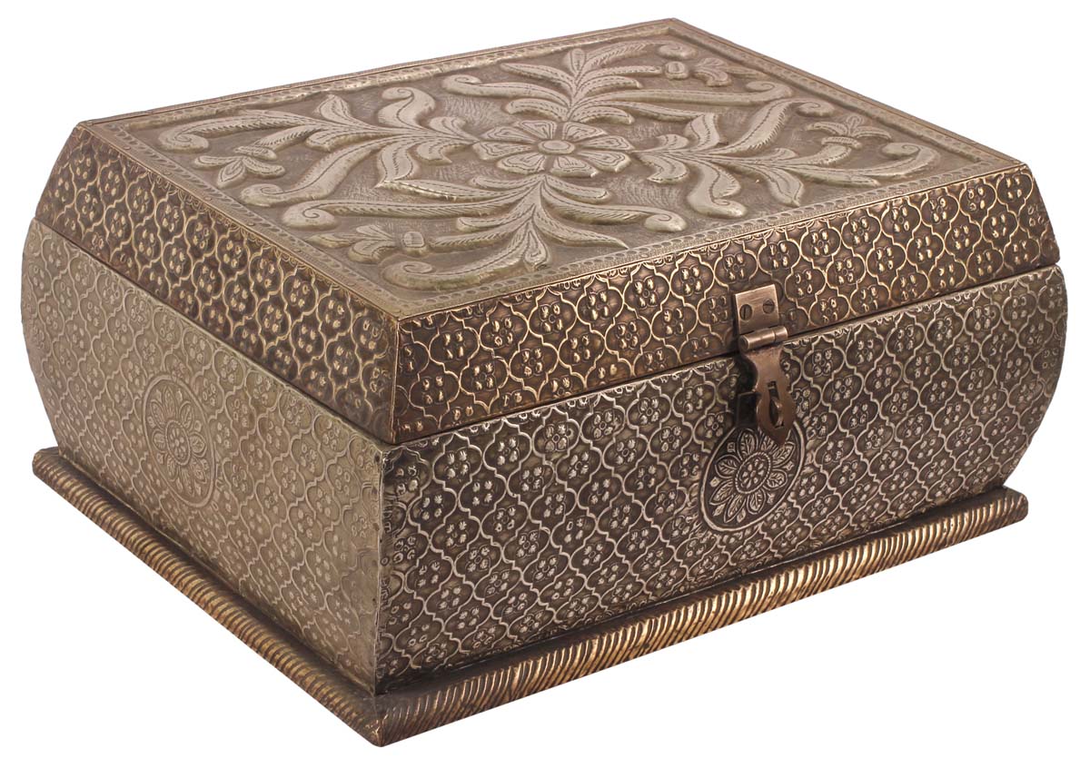 13” Jewelry-Box in Wood with Embossed Heavy Metal-Work - 4 Compartments & Mirror - Antique-Silver Color - Unique Storage Boxes from India - Buy in Bulk Wholesale
