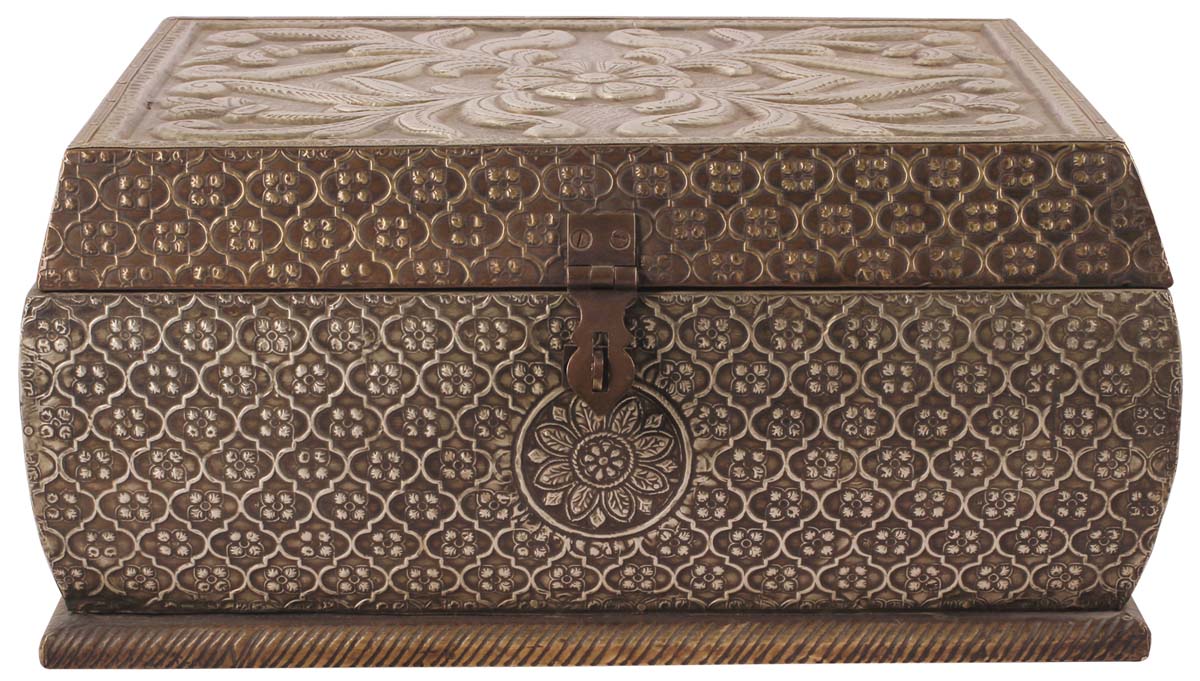 13” Jewelry-Box in Wood with Embossed Heavy Metal-Work - 4 Compartments & Mirror - Antique-Silver Color - Unique Storage Boxes from India - Buy in Bulk Wholesale