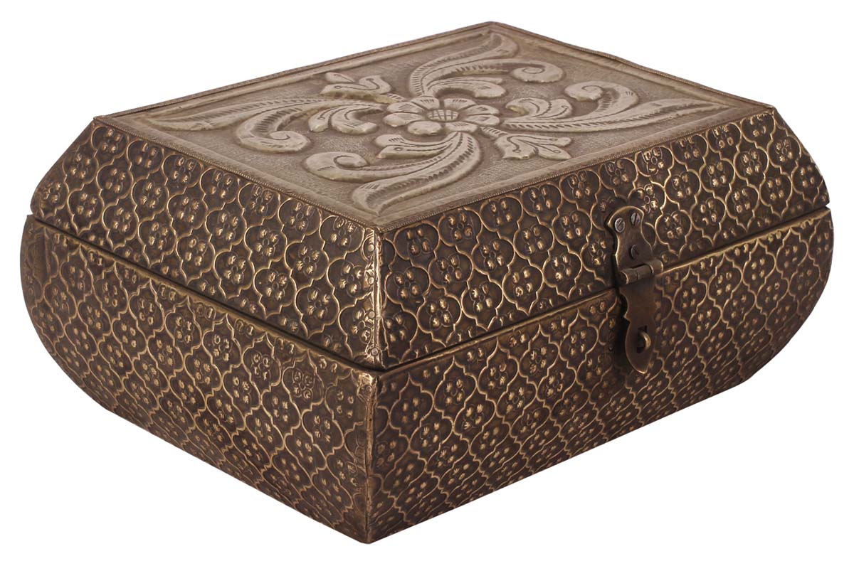 10” Jewelry-Box in Mango-Wood with Embossed Heavy Metal-Work - 4 Compartments & Mirror - Antique-Silver Color - Unique Storage Boxes from India - Buy in Bulk Wholesale