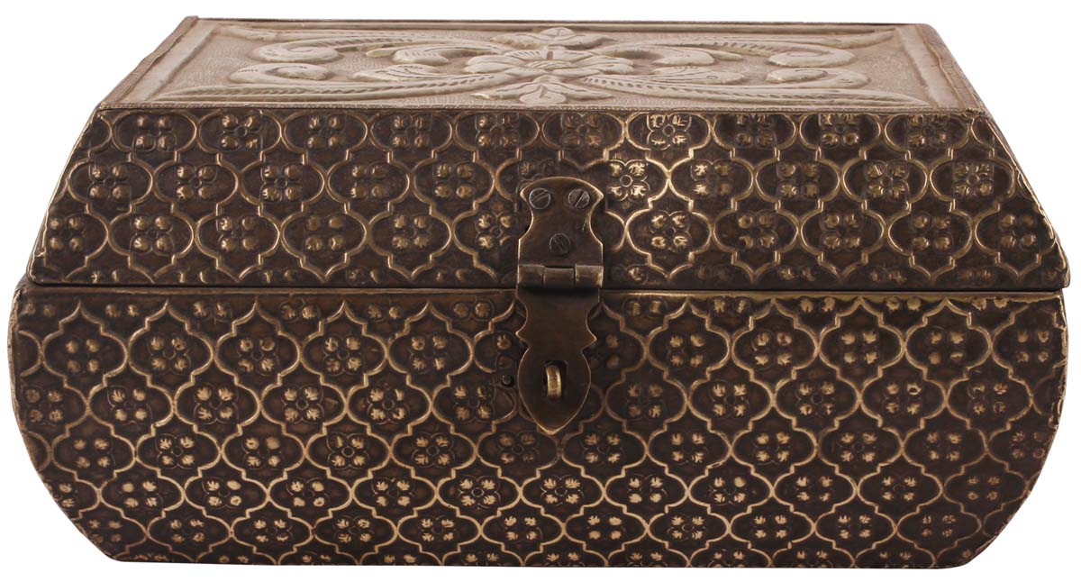10” Jewelry-Box in Mango-Wood with Embossed Heavy Metal-Work - 4 Compartments & Mirror - Antique-Silver Color - Unique Storage Boxes from India - Buy in Bulk Wholesale