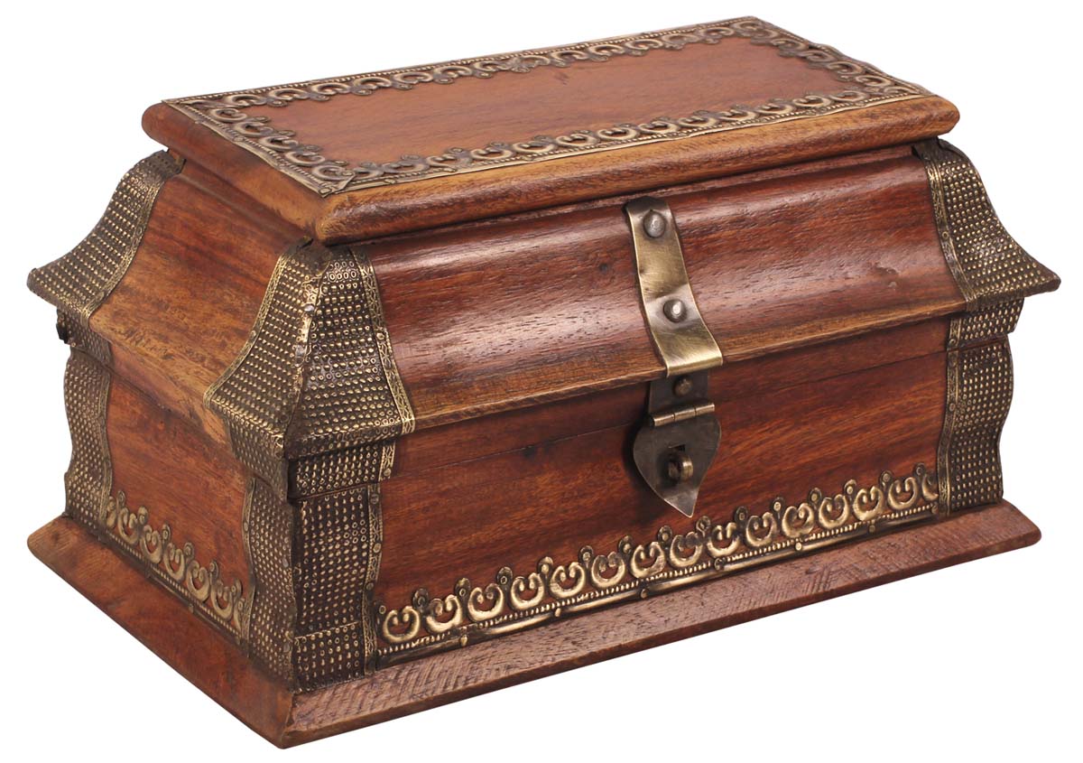 10” Jewelry-Box in Wood with Embossed Heavy Brass-Work - Brown - Unique Storage Boxes from India - Buy in Bulk Wholesale