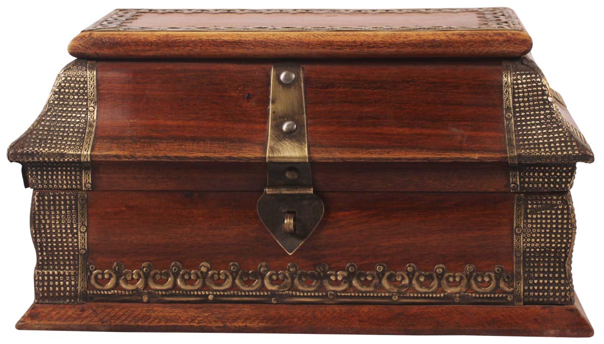 10” Jewelry-Box in Wood with Embossed Heavy Brass-Work - Brown - Unique Storage Boxes from India - Buy in Bulk Wholesale