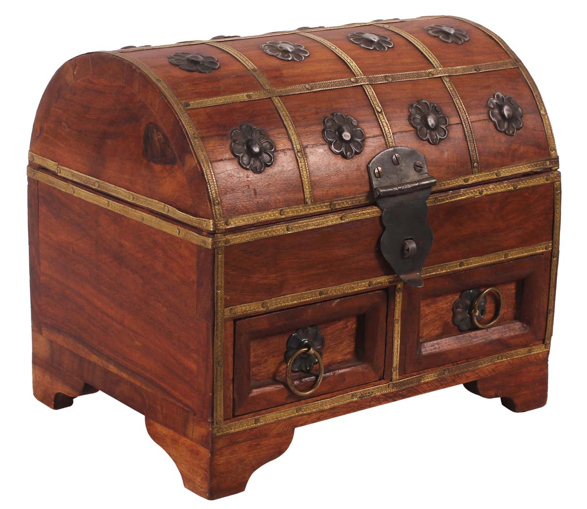 8” 2 Drawer Treasure-Chest / Jewelry-Box in Natural-Wood with Floral Brass-Work - Brown- Antique-Look Storage Boxes from India - Buy in Bulk Wholesale