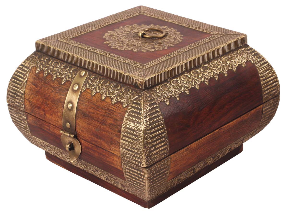 8.5” Treasure-Chest / Jewelry-Box in Mango-Wood with Heavy Brass-Work - Brown Golden - Antique-Look Storage Boxes from India - Buy in Bulk Wholesale