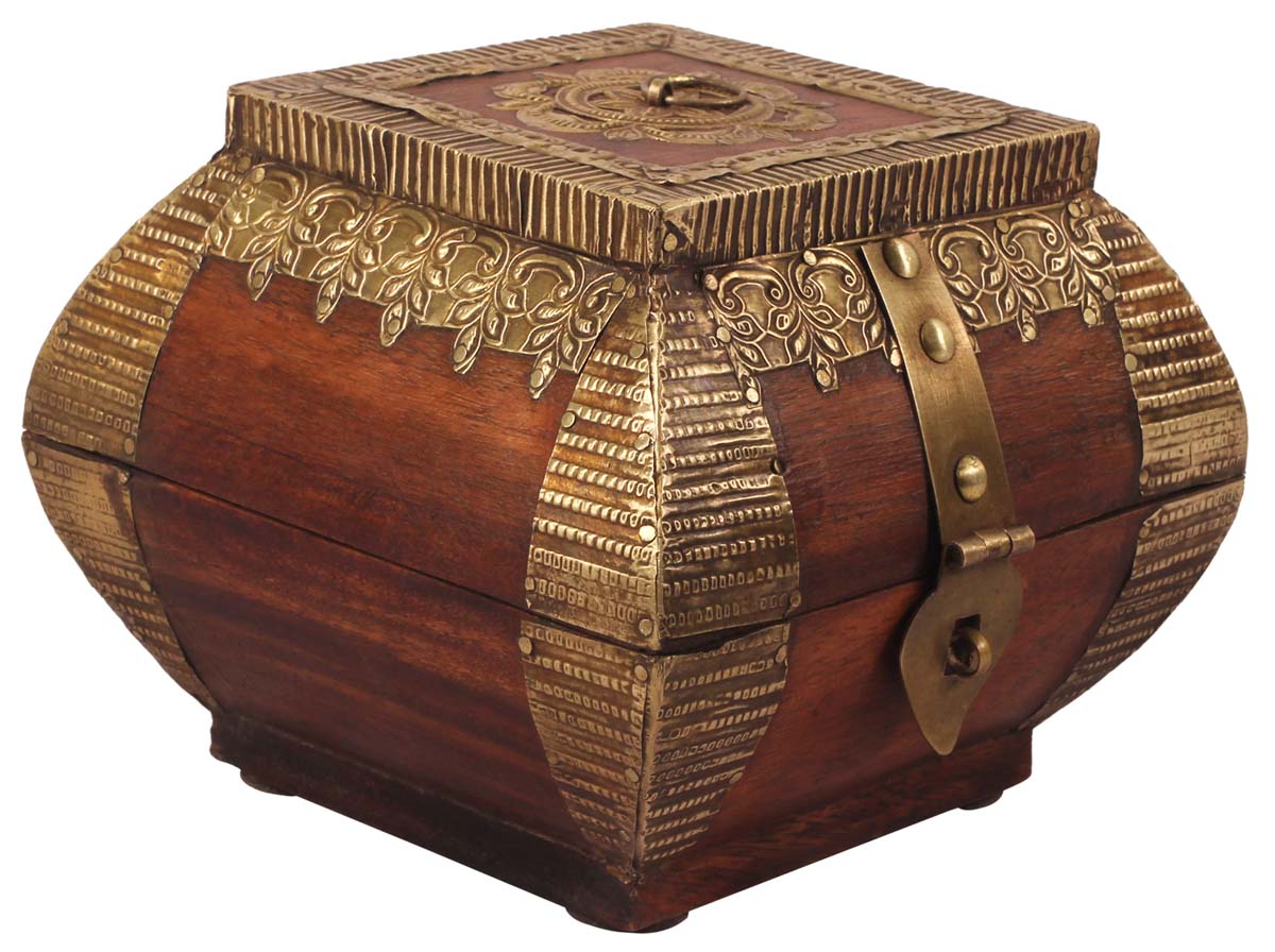 5” Treasure-Chest / Jewelry-Box in Wood with Heavy Brass-Work - Brown Golden - Antique-Look Storage Boxes from India - Buy in Bulk Wholesale