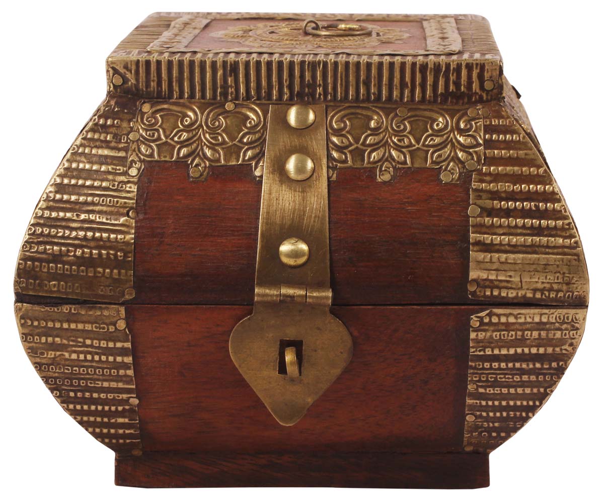 5” Treasure-Chest / Jewelry-Box in Wood with Heavy Brass-Work - Brown Golden - Antique-Look Storage Boxes from India - Buy in Bulk Wholesale