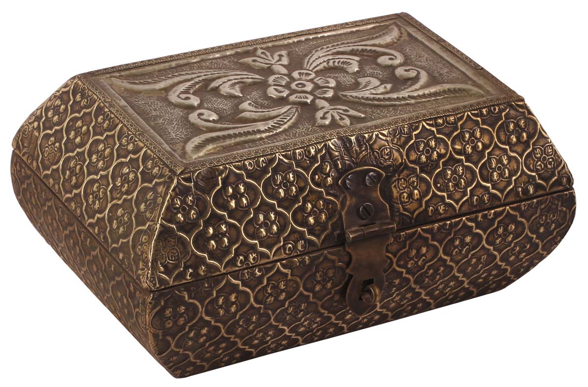 7.5” Treasure-Chest / Jewelry-Box in Wood with Embossed Floral Brass-Work - Golden - Antique-Look Storage Boxes from India - Buy in Bulk Wholesale